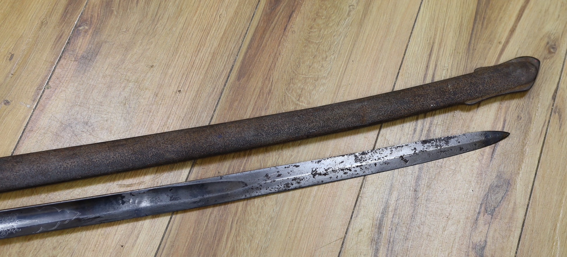 A Victorian 1821 pattern Hawkes & Co sword and scabbard, 104cm total length